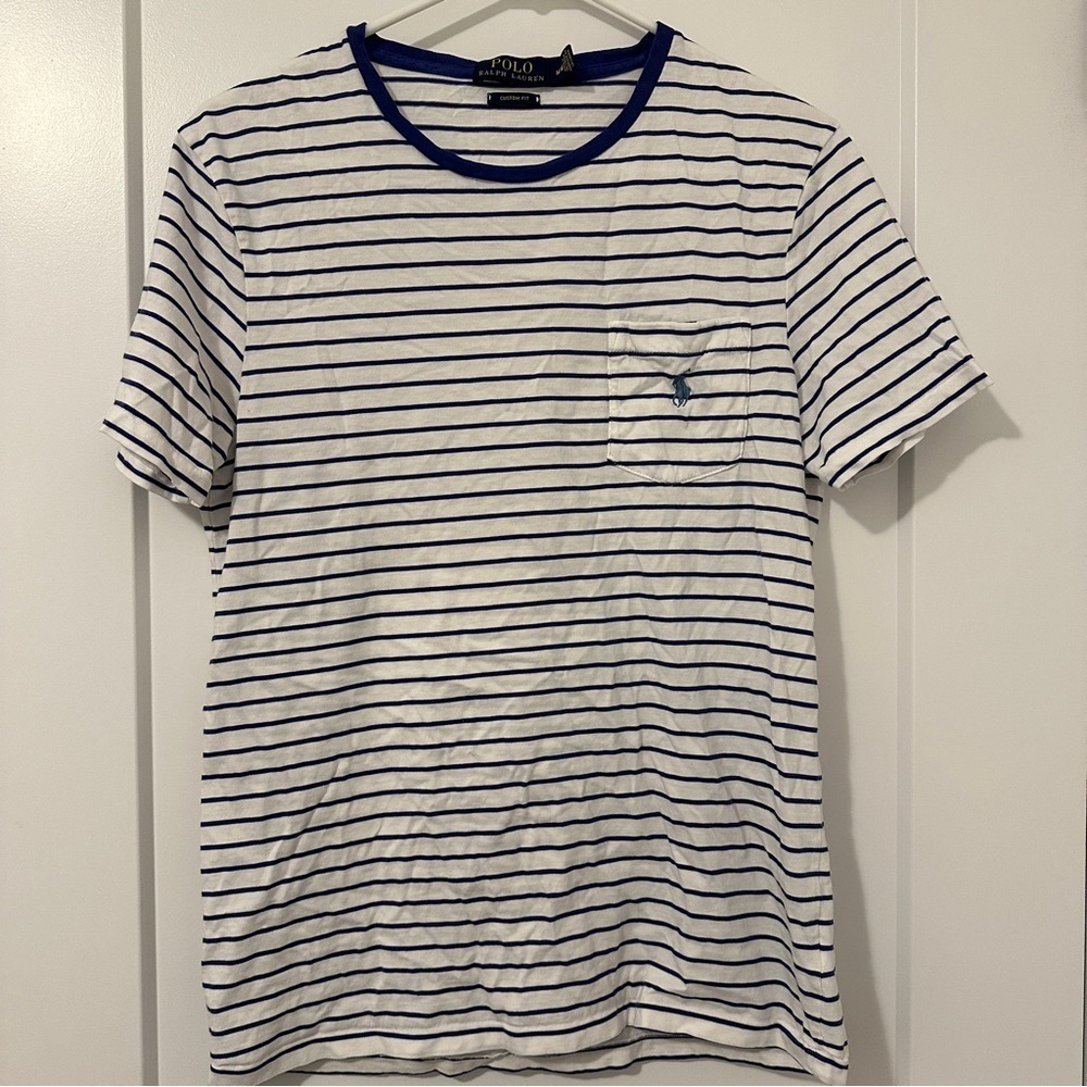 Polo Ralph Lauren Blue White Stripe Crew Neck T- Shirt Size Medium Women’s